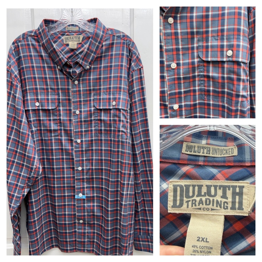 Duluth Trading Co Untucked Plaid Button Down Shirt Mens 2XL Blue Red Long Sleeve